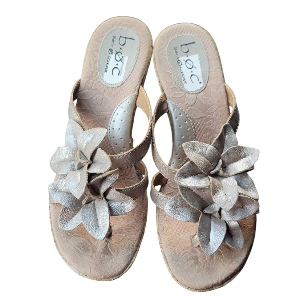 BOC Born Concept Women’s Size 7 US Leather Cork Wedge Floral Slip On Sandals‎